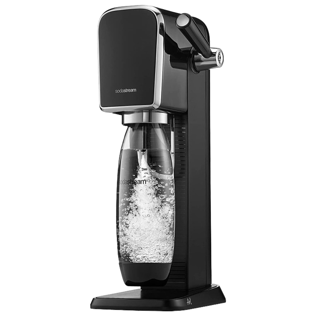 The SodaStream Art soda maker in a classic black finish, demonstrating its carbonating action with a clear bottle, capturing the essence of homemade soda artistry.