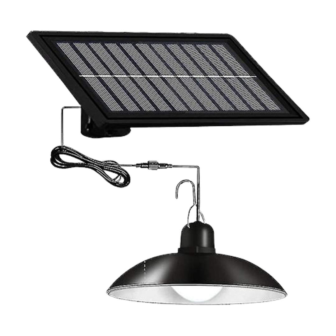A solar shed light with an indoor pendant design, complete with a compact solar panel for the lighting system.