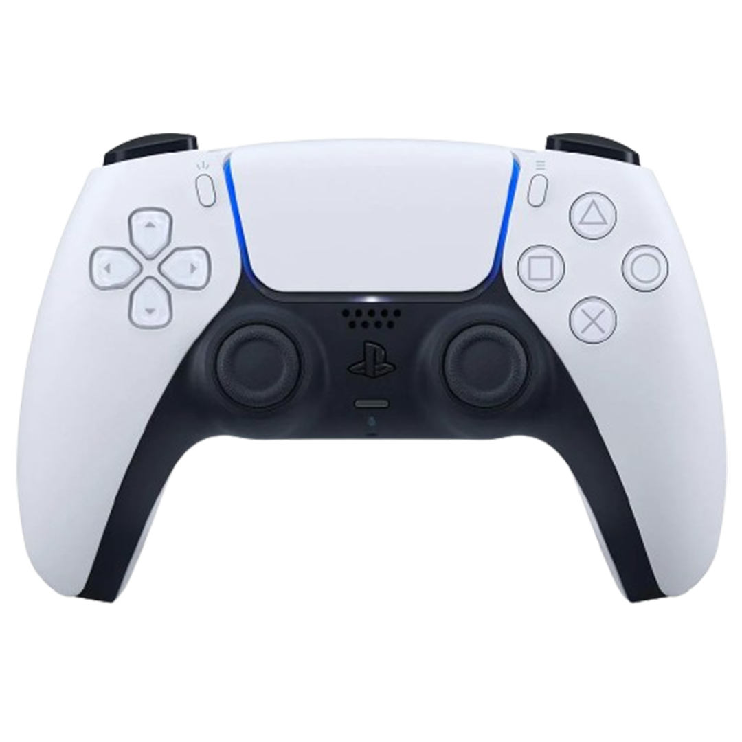 The iconic Sony DualSense Wireless Controller for PS5, shown in a solo setting, renowned for its immersive haptic feedback and adaptive triggers.