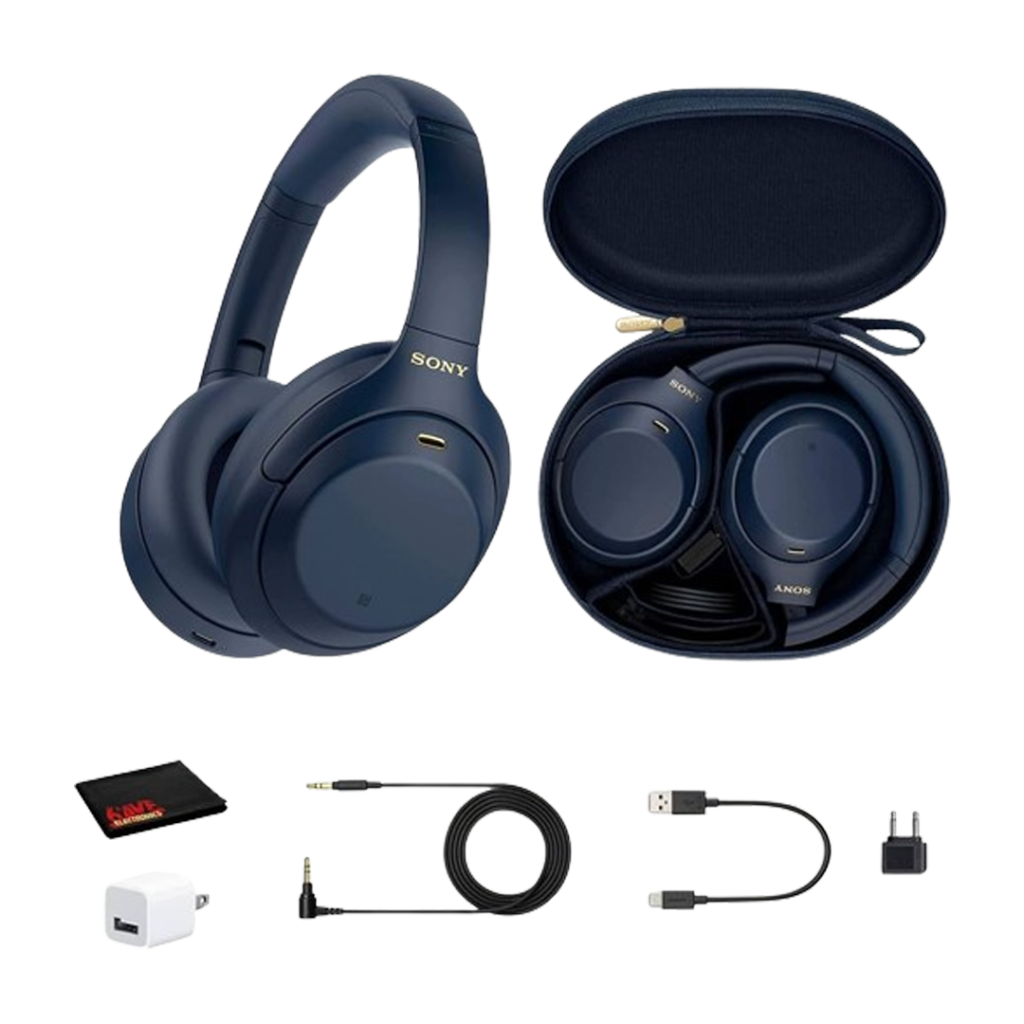 Sony WH-1000XM4 headphones, along with their accessories, presenting a complete package for audiophiles who appreciate quality and detail.