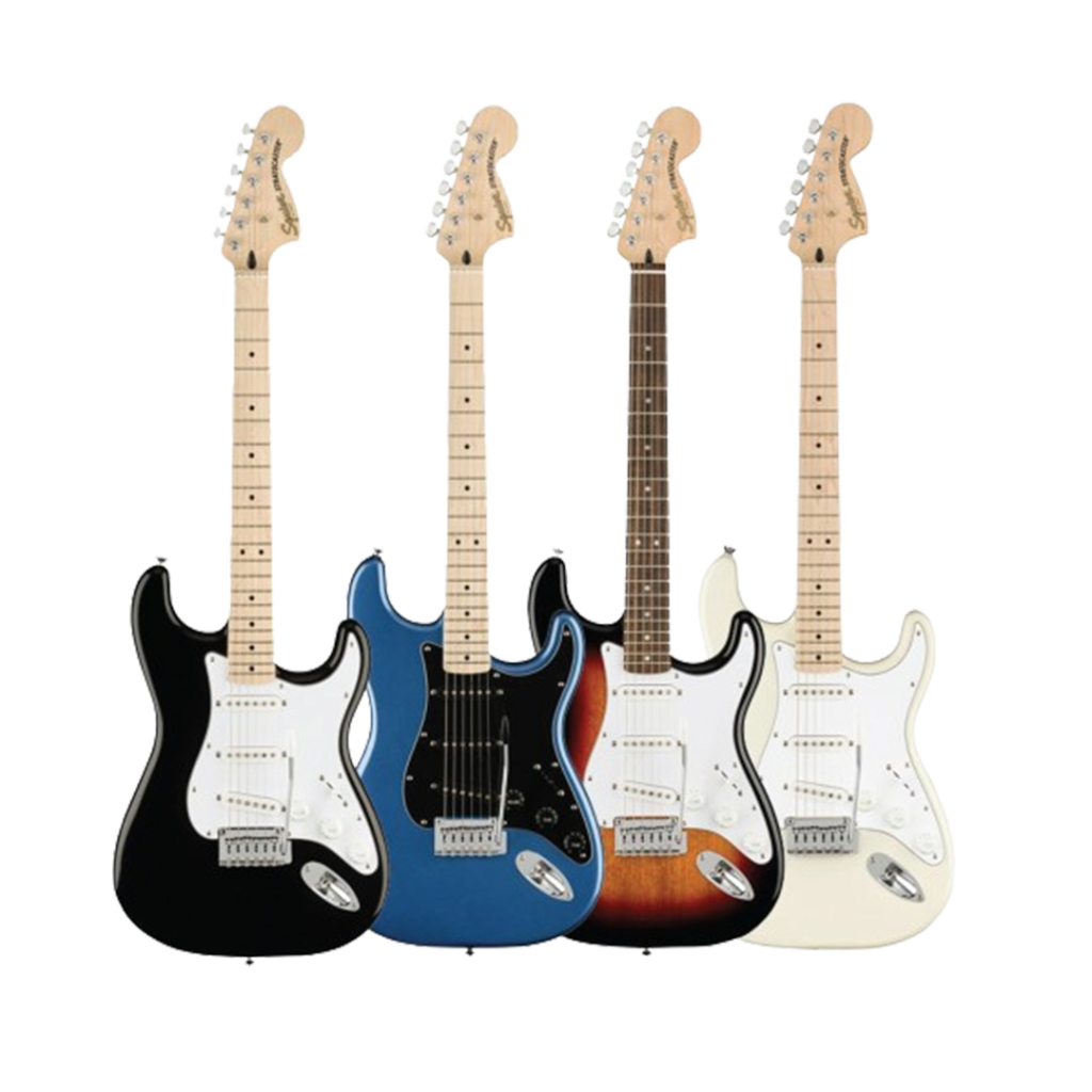 These Squier Affinity Series Stratocasters, known for their playability and tone, are among the bass guitars available.