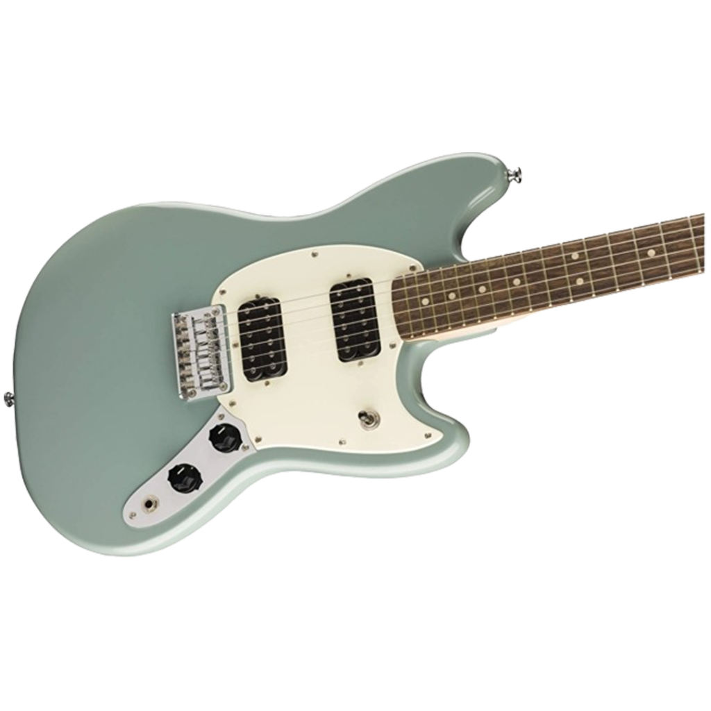 The Squier Bullet Mustang electric guitar in a pastel green finish, is a compact and comfortable choice for beginners looking to rock.