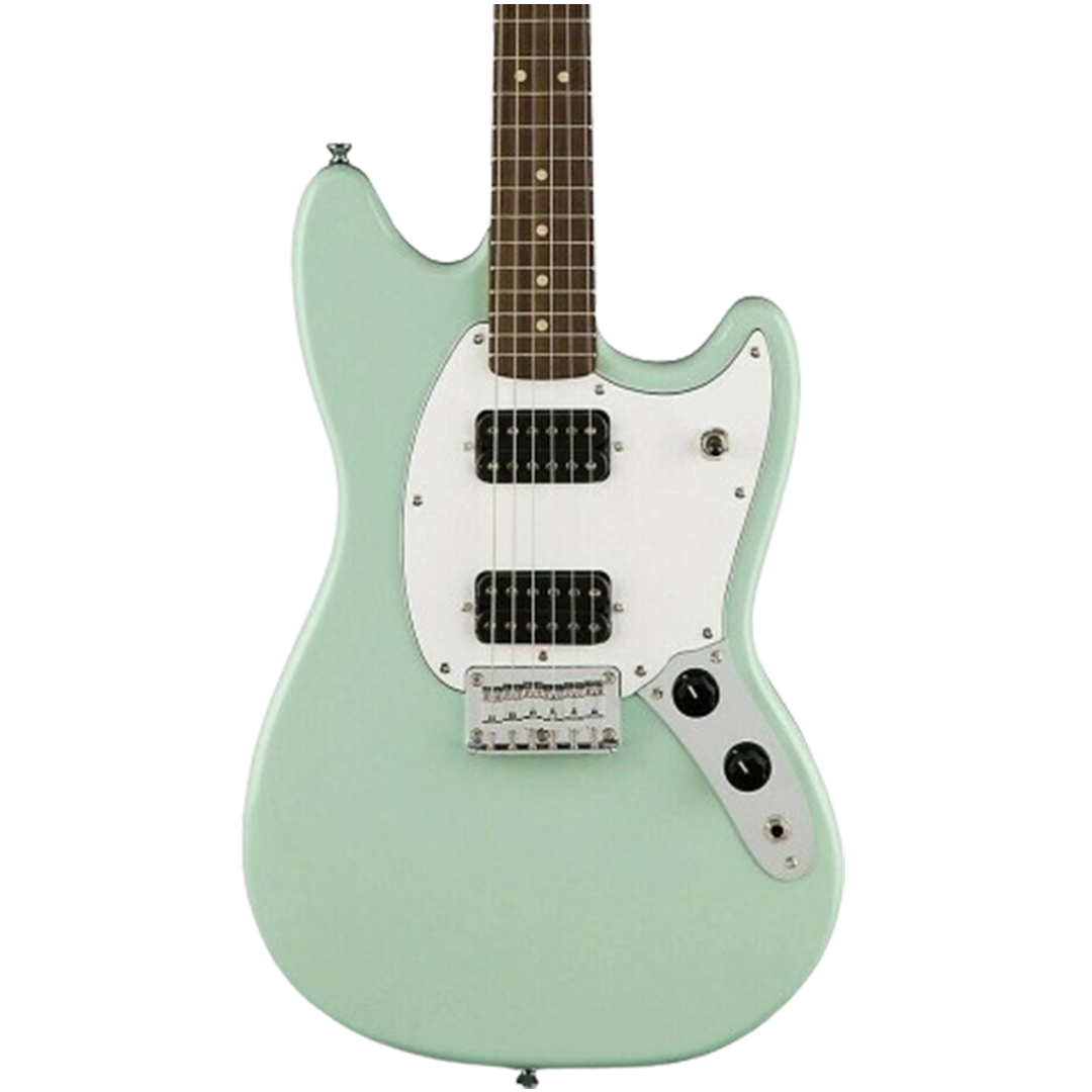 The Squier Bullet Mustang in a unique green finish stands out as one of the electric guitars, with its compact size and easy playability.