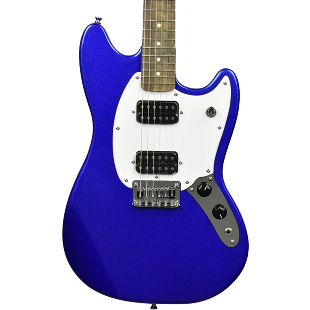 The Squier Bullet Mustang electric guitar in a vibrant blue, providing accessible quality for beginners and intermediate players looking for the electric guitars on a budget.