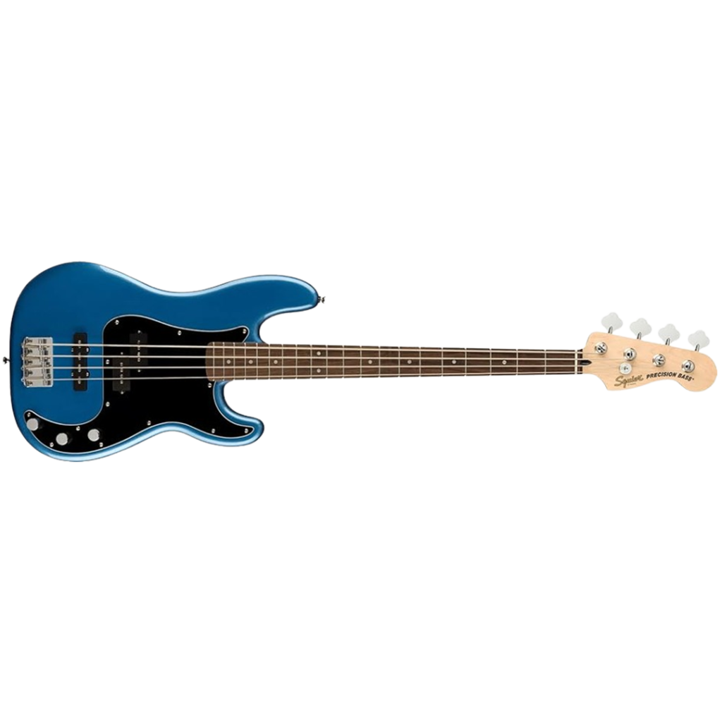 A deep blue Squier by Fender Precision bass, an excellent first instrument for beginners with its timeless sound and feel.