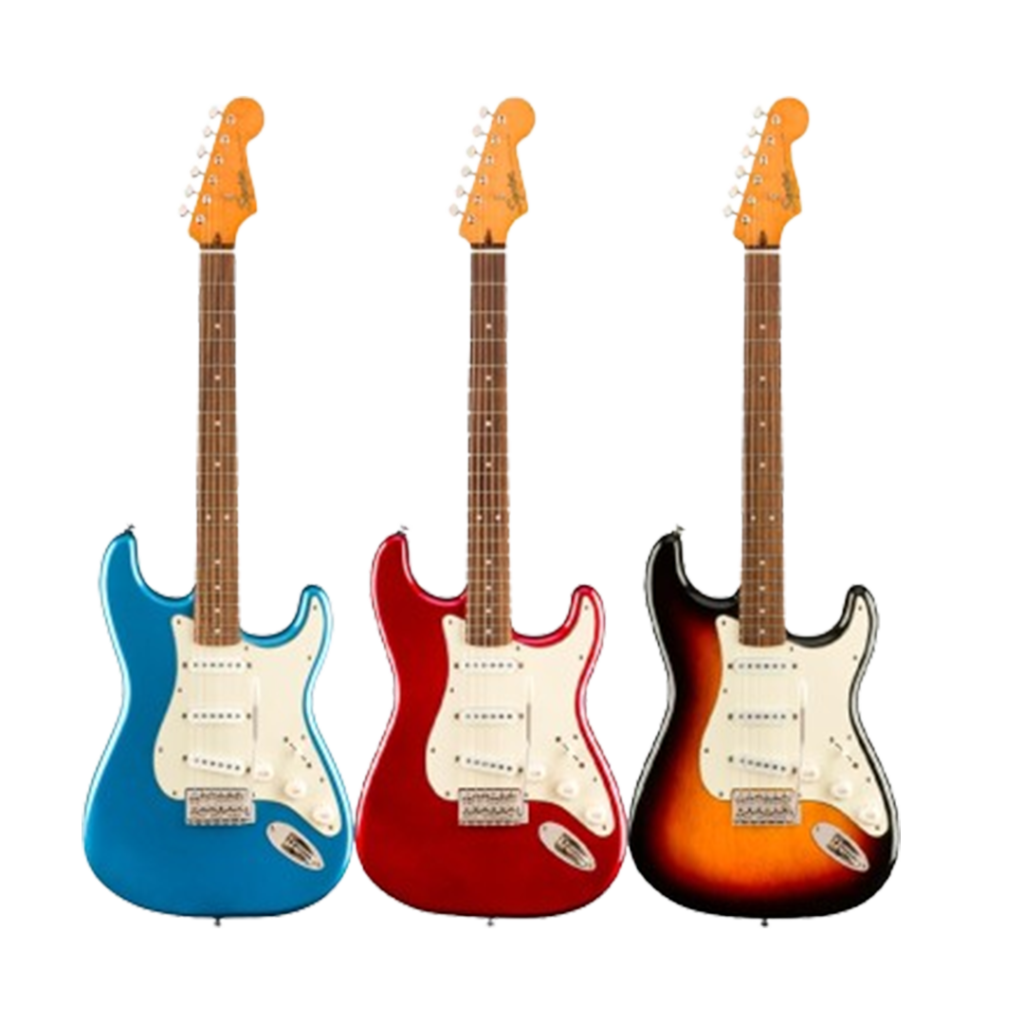 The Squier Classic Vibe '60s Strat in a traditional sunburst, providing the timeless Stratocaster charm for those who love the electric guitars with a historical touch.