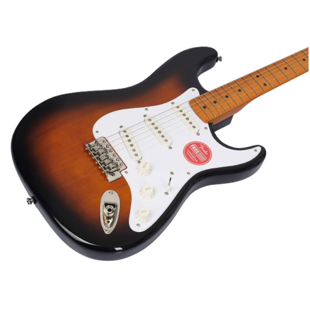 The Squier Classic Vibe ‘50s Strat in a vintage red color is recommended as one of the electric guitars, echoing the golden era of rock 'n' roll.