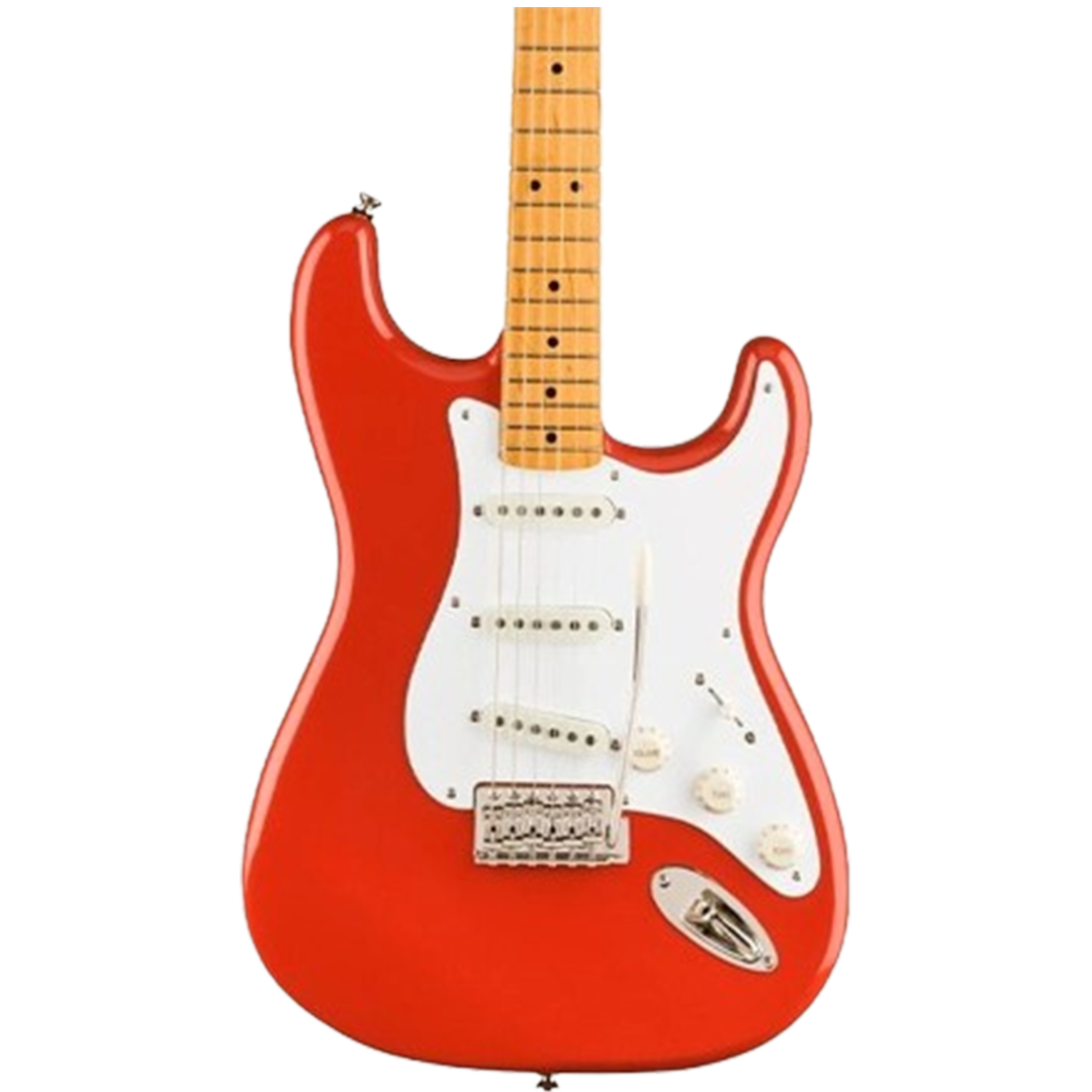 The Squier Classic Vibe ‘50s Strat electric guitar in a classic red hue, offers beginners the vintage Strat experience with modern reliability.