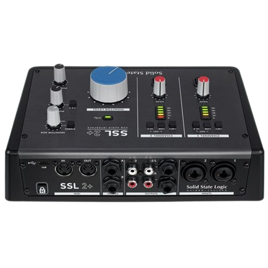 The Solid State Logic SSL2+ audio interface, known for its professional sound quality and robust build, is ranked as one of the audio interfaces for studio-grade recordings.