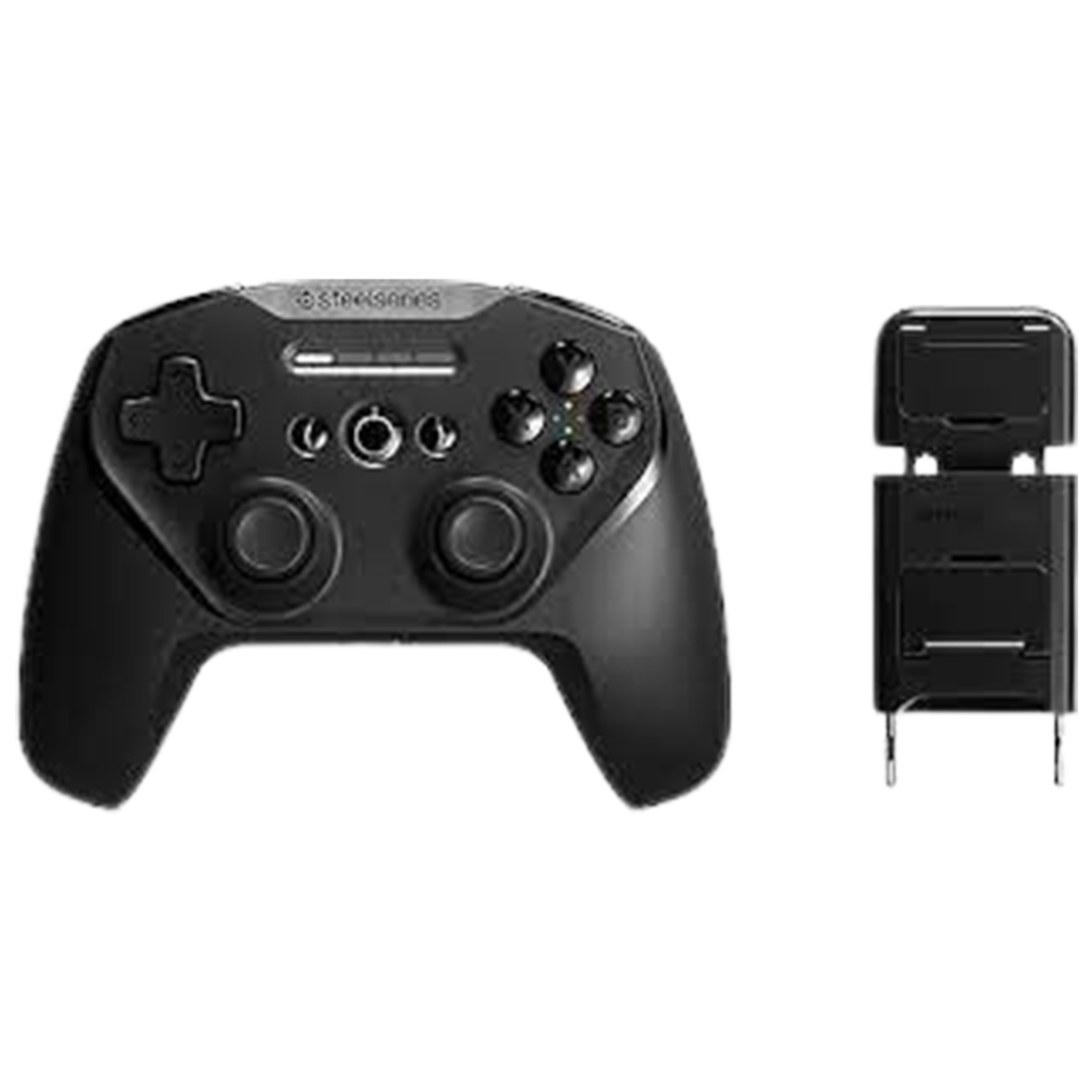 SteelSeries Stratus+ Game Controller with smartphone mount, highlighting its versatile design and compatibility as a top mobile gaming controller.
