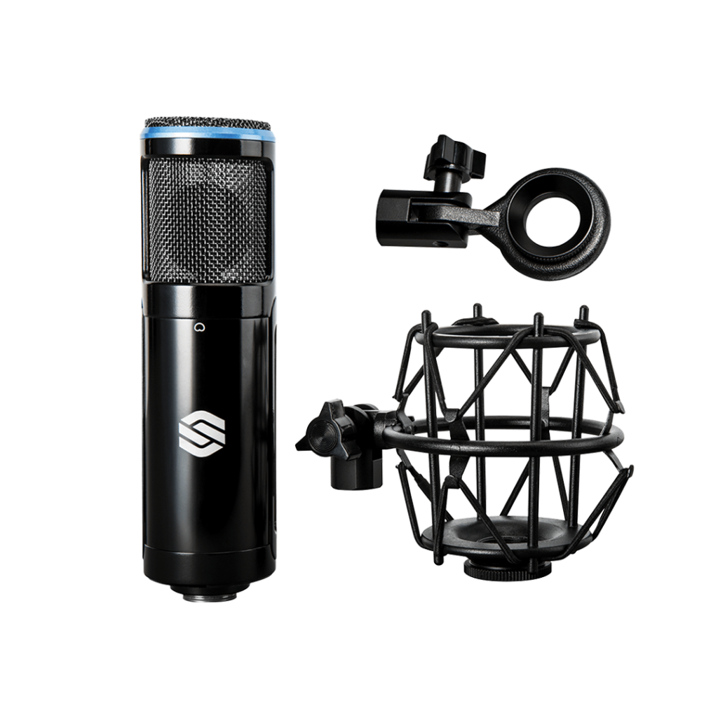 The Sterling SP150SMK microphone, complete with its shock mount and pop filter, offers refined recording capabilities for musicians and audio engineers.