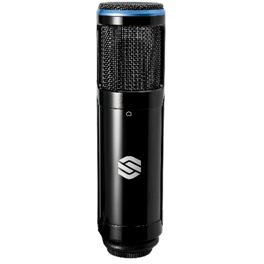 A close-up of the Sterling SP150SMK microphone, highlighting its fine mesh grille and sleek black body, a testament to studio excellence and acoustic precision.