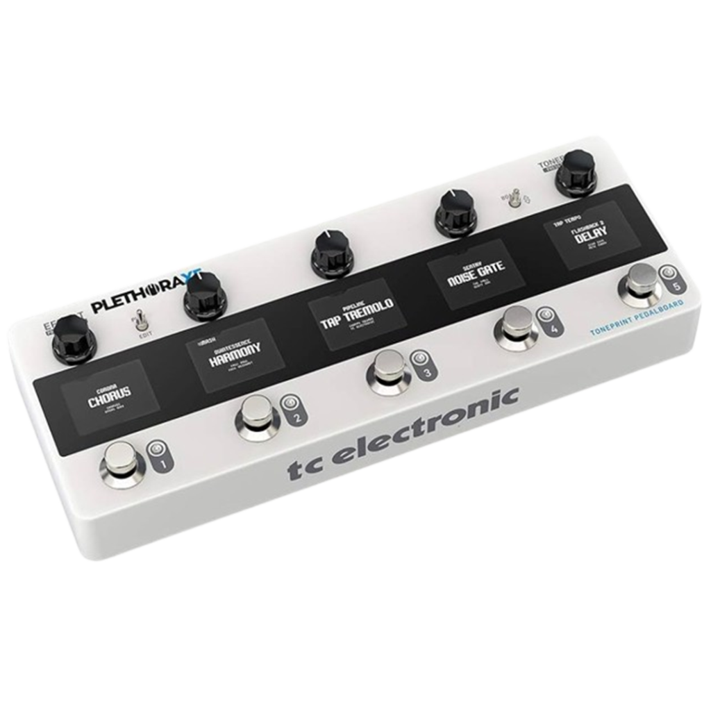 The TC Electronic Plethora X5, captured in a clean white finish, offering a user-friendly approach to designing unique effect combinations.