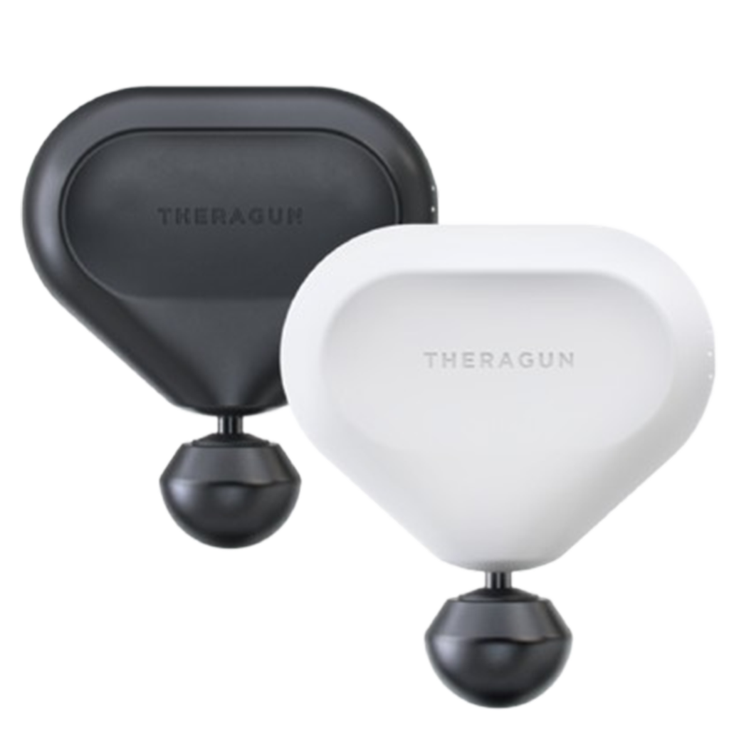 The Theragun Mini massage gun, in black and white, combines a distinctive design with robust functionality, making it a top pick for the massage gun.