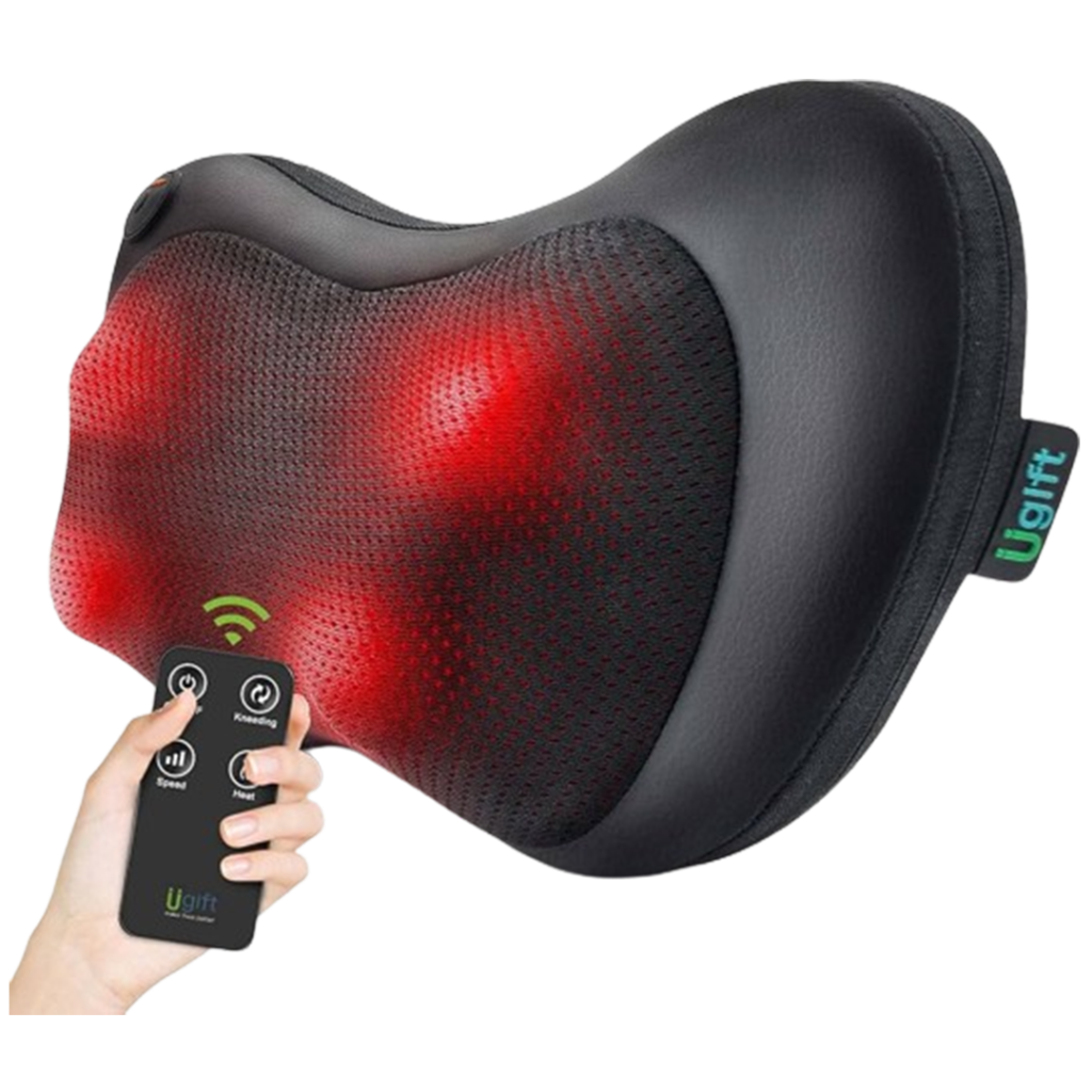 A person comfortably using the U-Gift Neck and Back Massager, the massage pillow, with a remote for tailored massage settings.