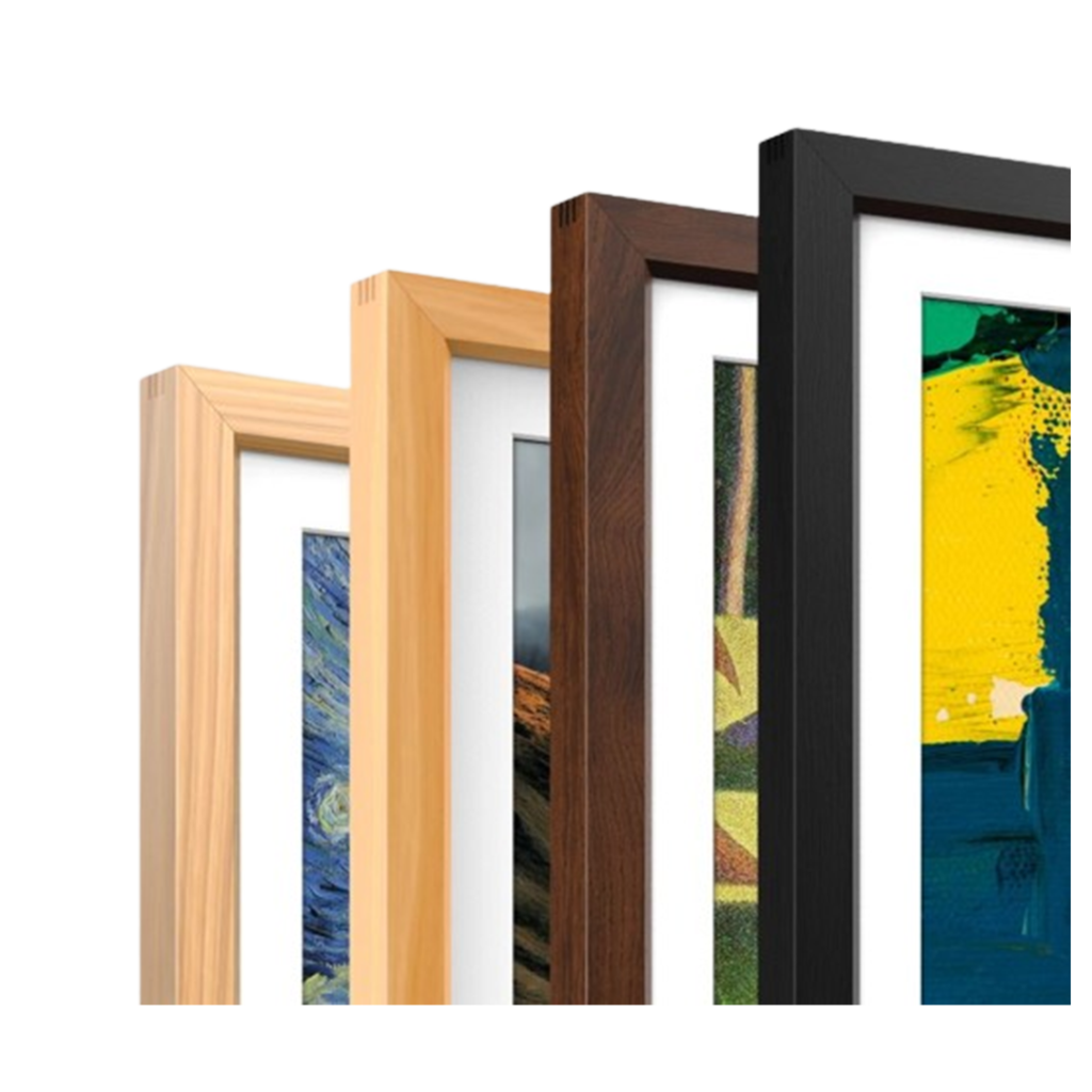 A set of Vieunite digital photo frames with varying wood finishes, ready to encase treasured artworks or family photos, offering a personalized touch to grandparents' digital photo collections.