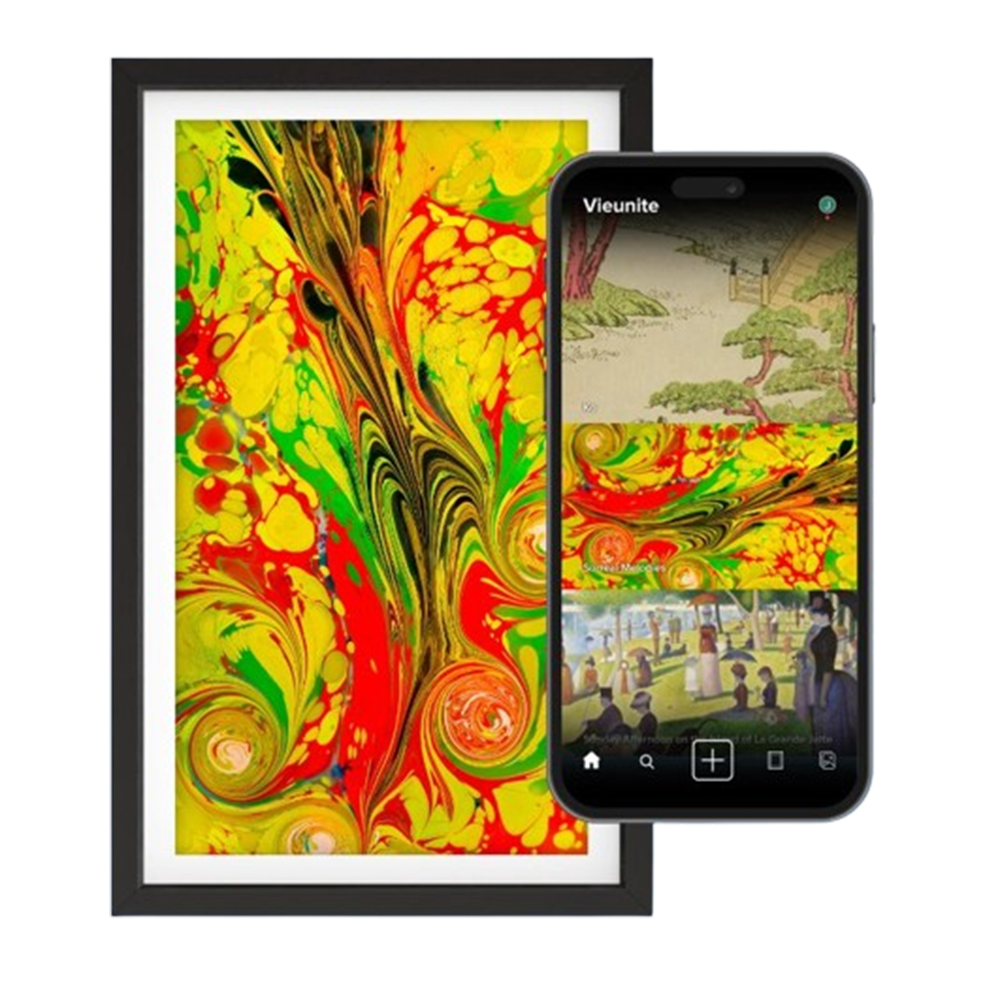 The Vieunite digital photo frame displays an exquisite marbled artwork, combining vibrant colors and intricate patterns, perfect for grandparents who appreciate a digital touch to art display.