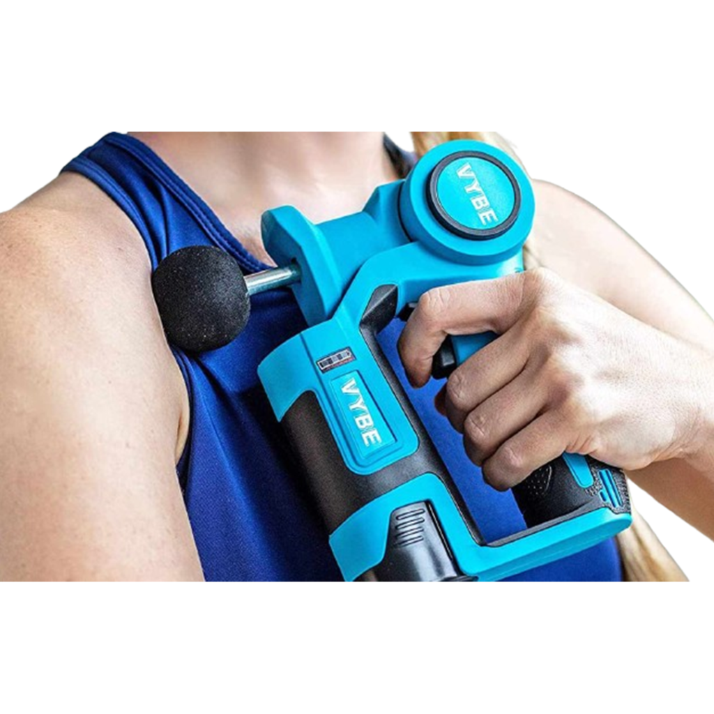 Demonstrating the Vybe Percussion massage gun's ease of use on an arm, this image encapsulates why it's regarded as a massage gun for athletes.