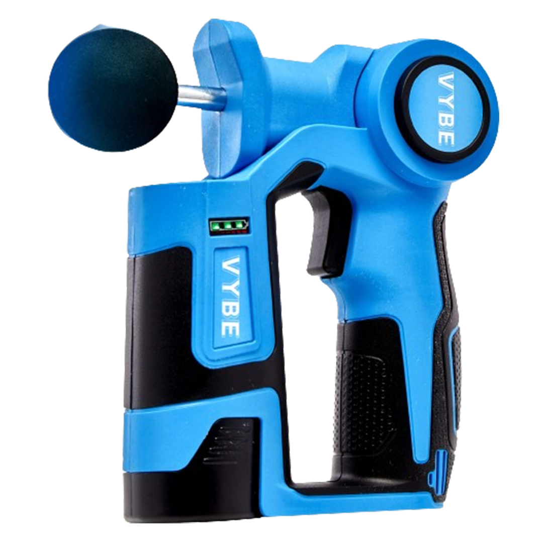 The Vybe Percussion massage gun in striking blue, known for its deep tissue capabilities, is favored by many as the massage gun.