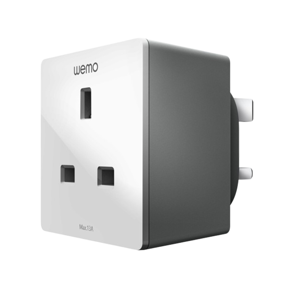 The Wemo WiFi Smart Plug in a side view, illustrating the smart design that allows for voice activation with Alexa, adding convenience to daily routines.