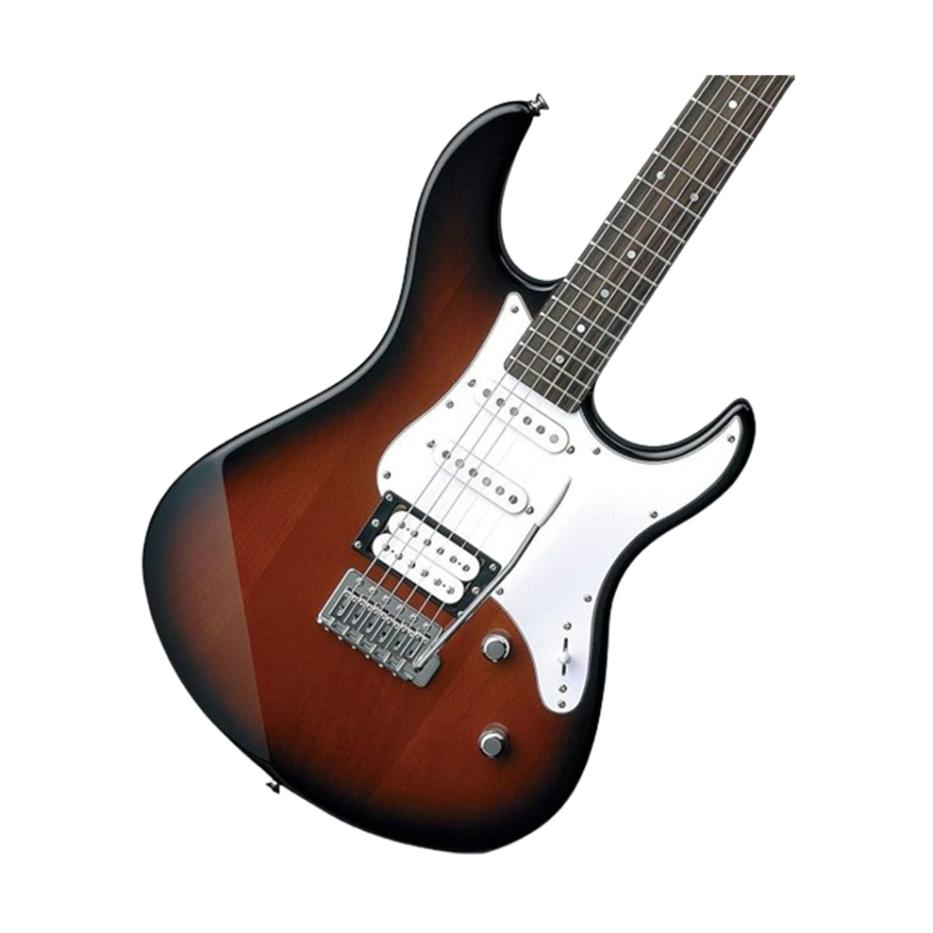 A sunburst Yamaha Pacifica 112V electric guitar, perfect for beginners, known for its smooth playability and dynamic range of tones.
