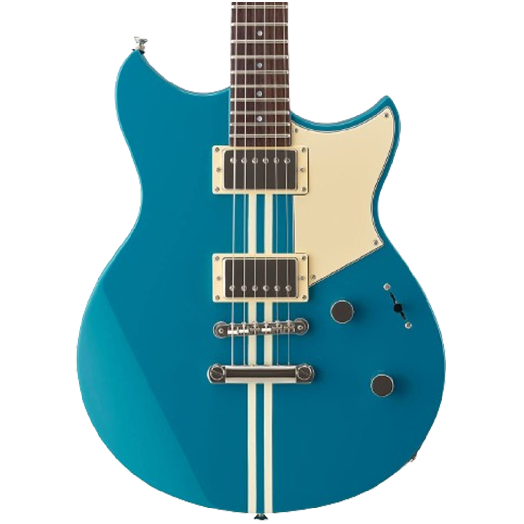 The Yamaha Revstar RS320 in striking blue is an exceptional choice for beginners, offering a solid body and a smooth neck for easy playing.