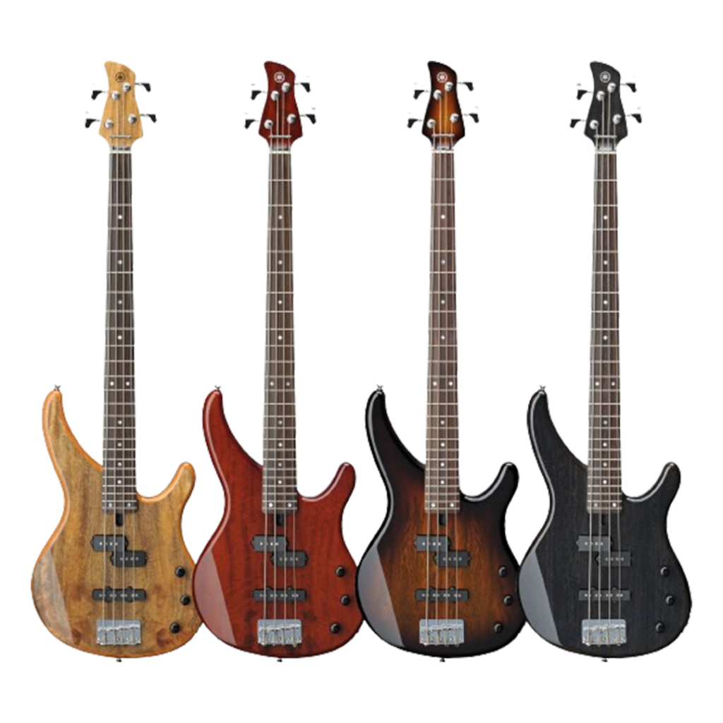 The Yamaha TRBX174EW bass showcases a dark wood body and sleek design, perfect for beginners seeking quality and style.