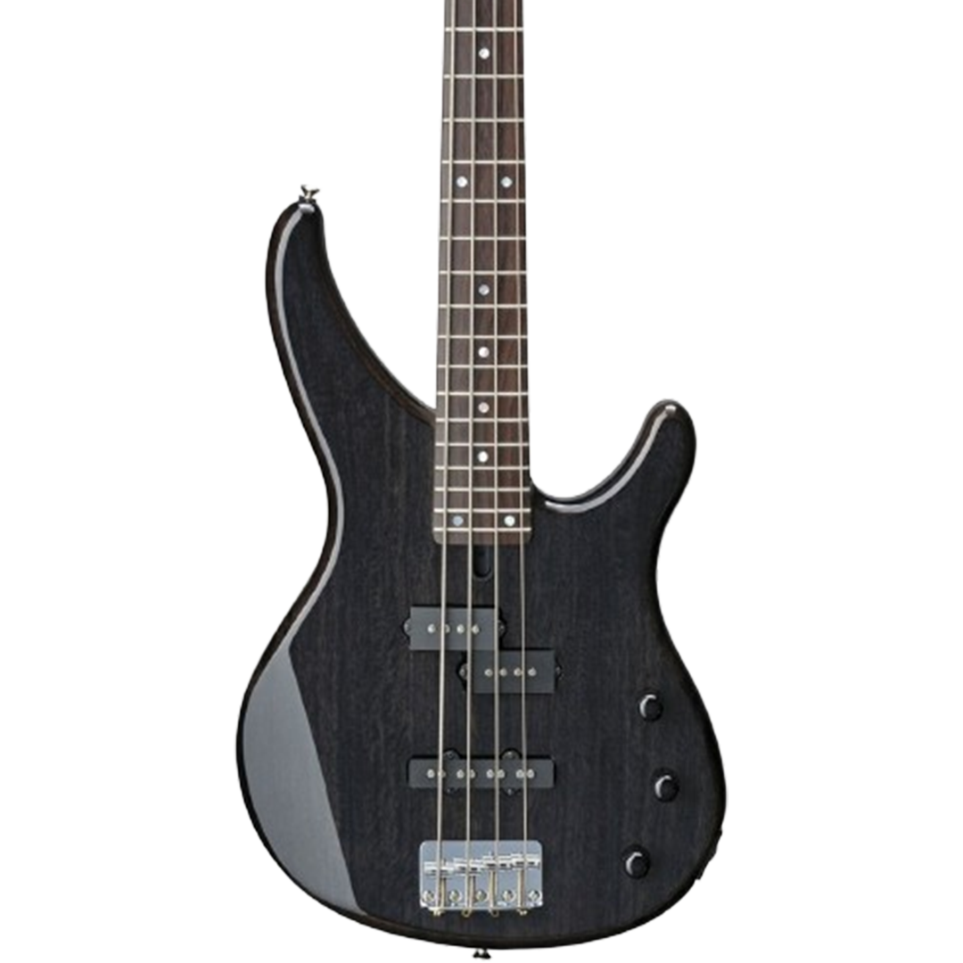 Yamaha TRBX174EW beginner bass guitar featuring an exotic wood top, offering a comfortable grip for new players.
