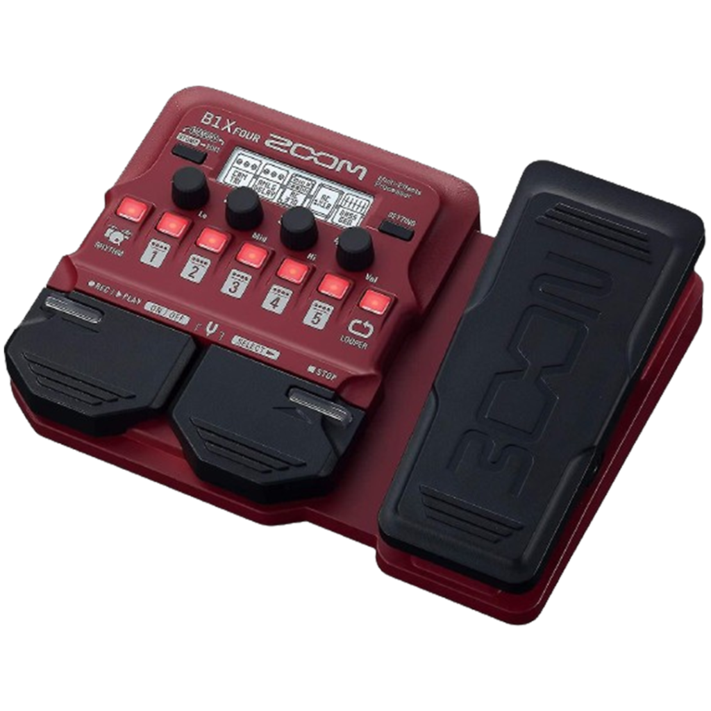 The vibrant red Zoom B1X Four offers an array of features, solidifying its place as a multi-effects pedal for dynamic performances.