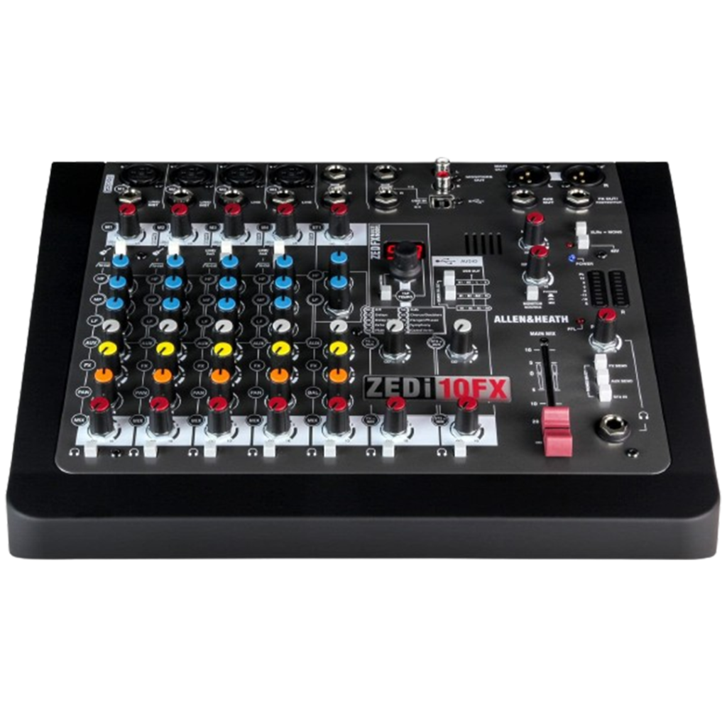 A top-down image of the Allen & Heath ZEDi-10FX mixer showcasing its sleek interface, perfect for home studio enthusiasts looking for the best mixers on the market.