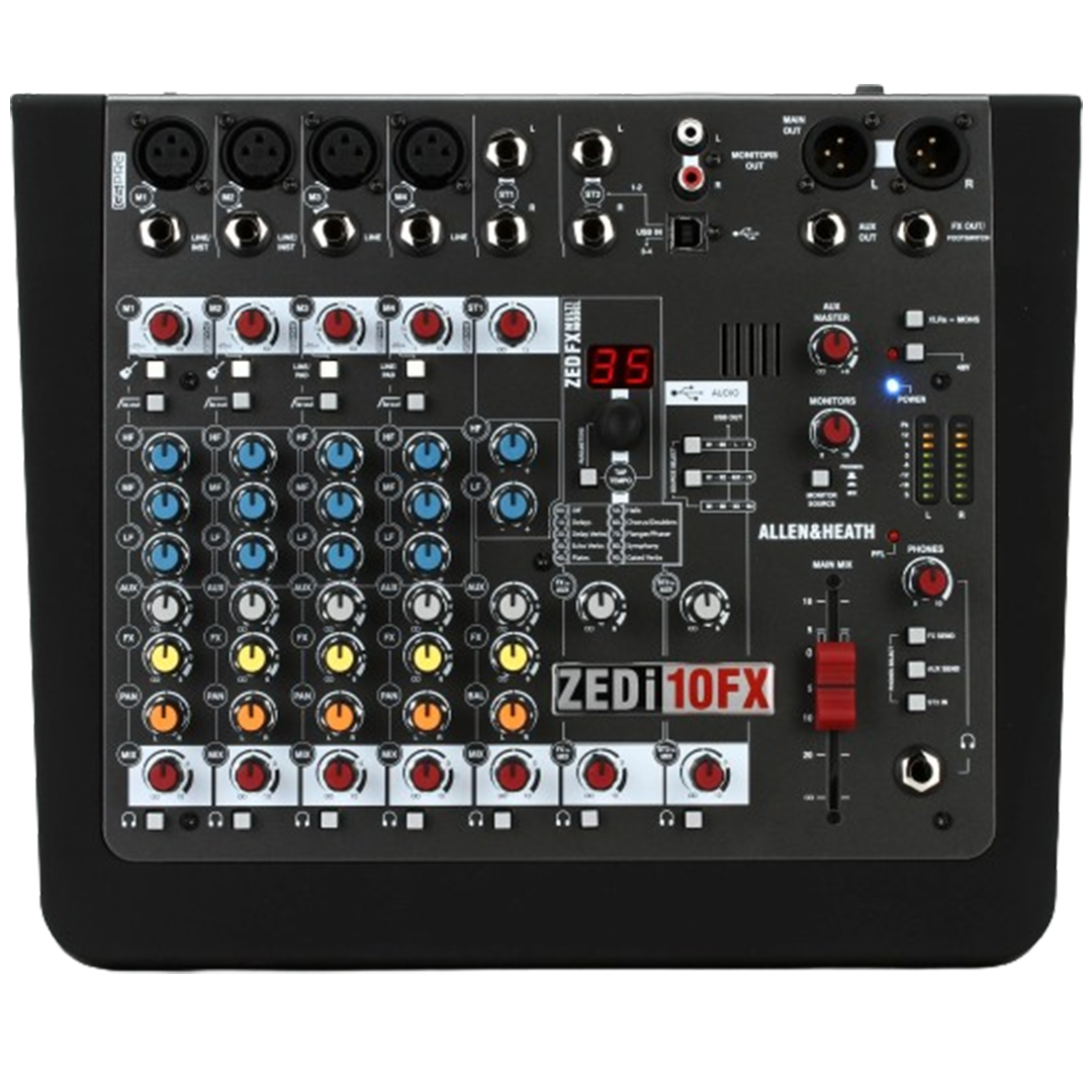 The Allen & Heath ZEDi-10FX, shown from a top-down view, is a contender for mixers with its compact design and multiple channel inputs.