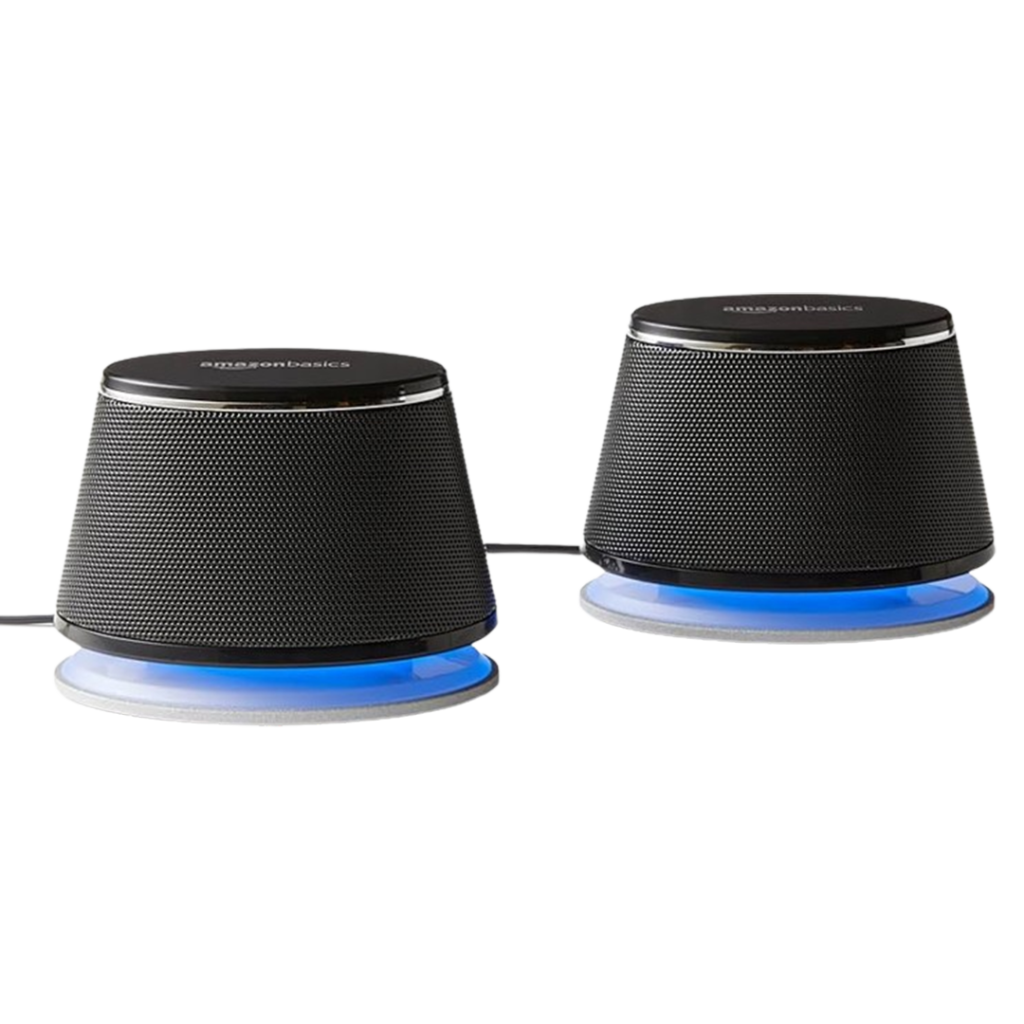 AmazonBasics projector speakers with a sleek black design, providing clear audio quality, a great complement to the best speakers for a projector setup.