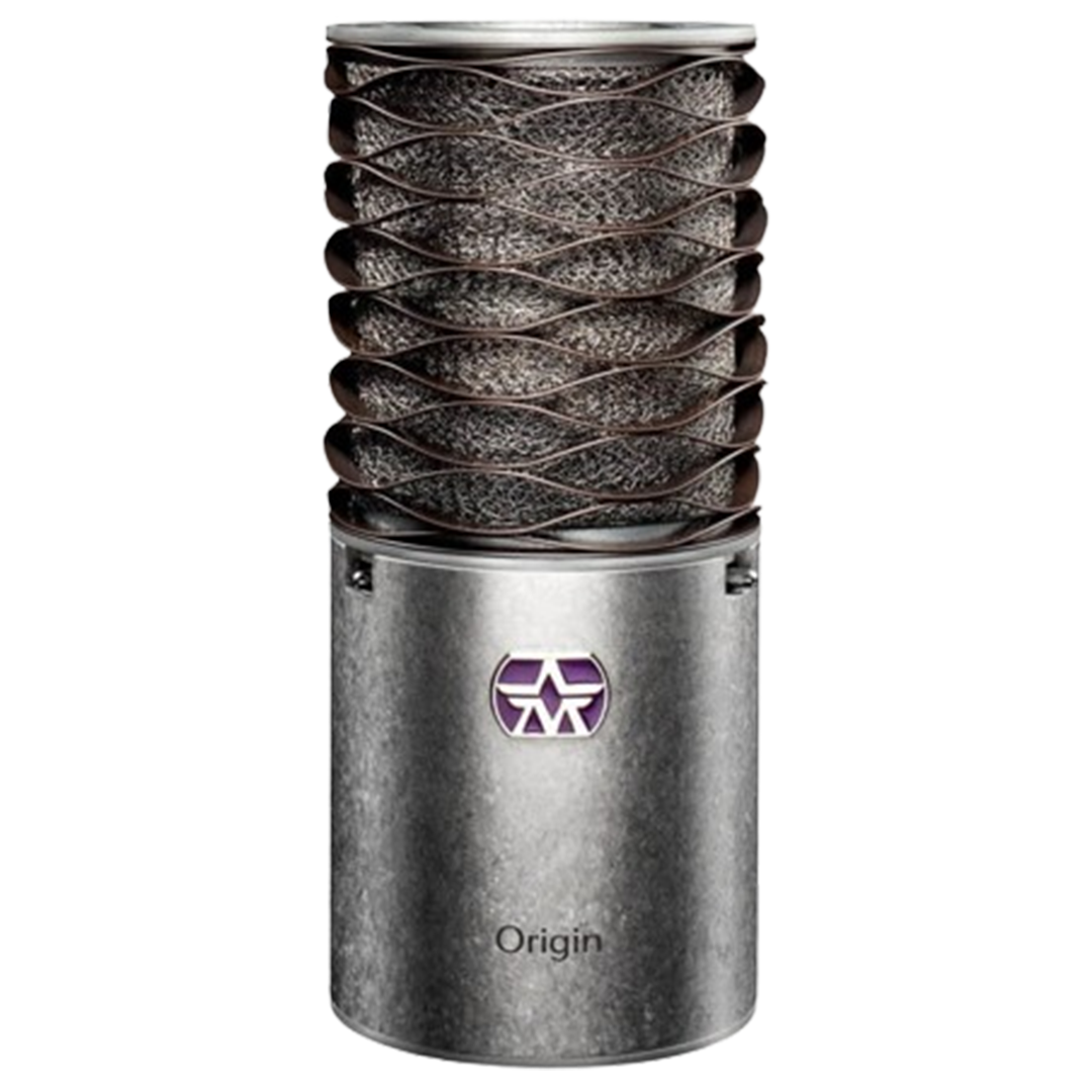 The Aston Microphones Origin, a contender for the mic for vocal recording, celebrated for its signature wave-form mesh head and natural sound.