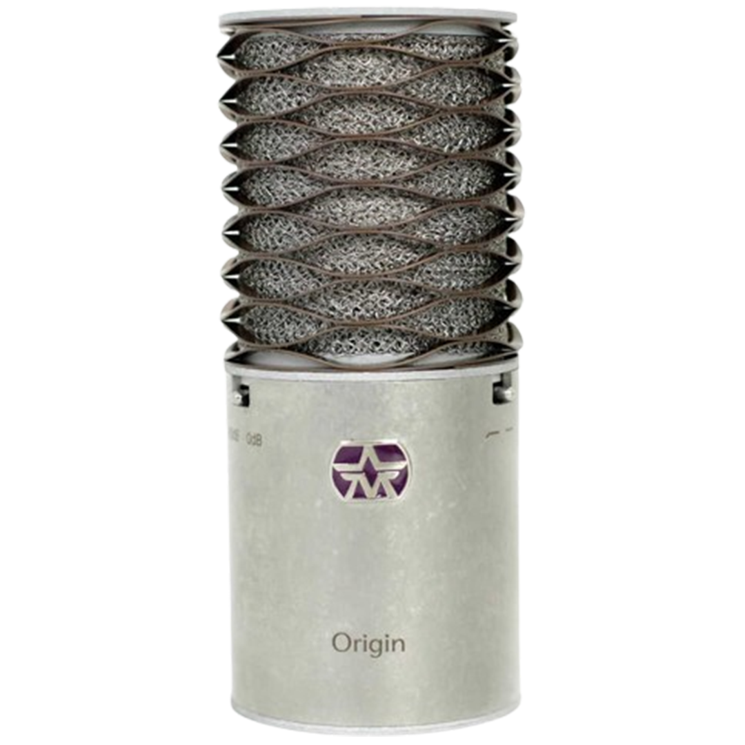 Aston Origin, a top contender for the best mic for acoustic guitars, featuring a distinctive textured finish and iconic steel mesh head.
