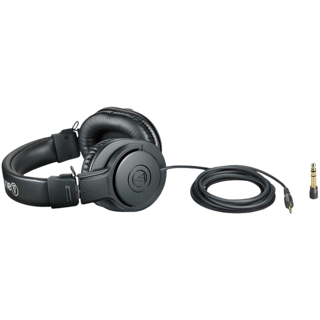 The Audio-Technica ATH-M20x headphones are depicted, highlighting their sturdy design, ideal for sound mixing and studio sessions.