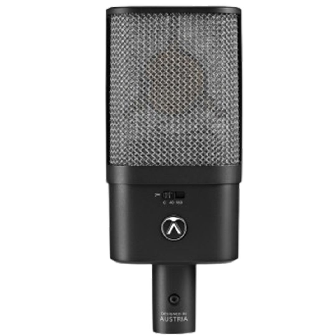 The OC16 from Austrian Audio, capturing detailed sound that makes it the best mic for acoustic guitars, with a sleek black body and metallic grille.
