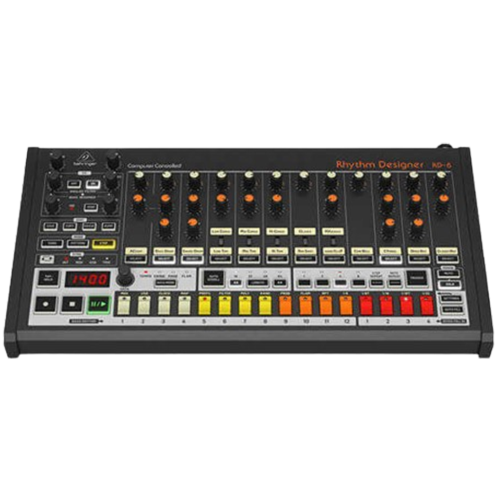 The Behringer RD-8 serves as the drum machine, presenting a classic design with modern functionality for crafting foundational beats.