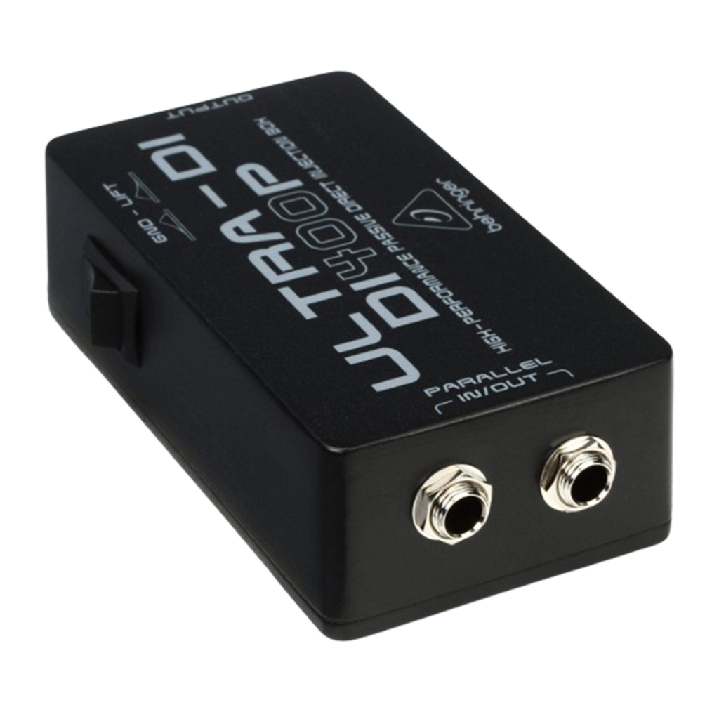 Top view of Behringer Ultra-DI DI400P, one of the best DI boxes for bass, showcasing its high-performance passive direct injection capabilities.