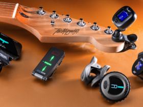 An ensemble of various clip-on guitar tuners, each promising to be the best in class, are stylishly arranged around a guitar headstock, showcasing the range of options available to guitarists.