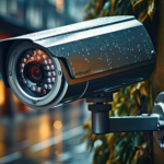 A high-definition Swann security camera in a weatherproof casing, perfect for outdoor use in the best commercial security camera systems, with rain droplets visible on the surface.