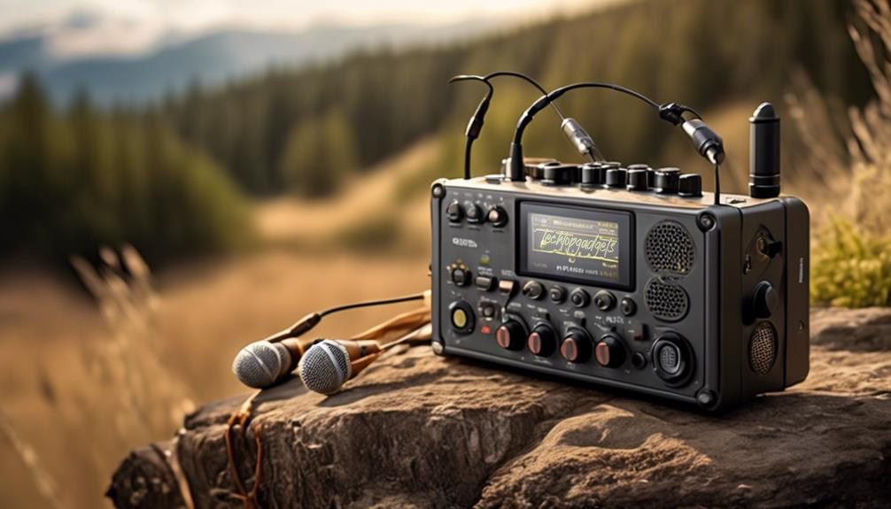 A professional field recorder rests on a rock in a natural outdoor setting, flanked by a pair of high-quality microphones, ready to capture the ambient sounds of the wilderness with clarity and precision.