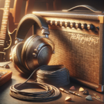A professional guitar amp setup with TASCAM TH-02 headphones, showcasing why they are considered the best headphones for guitar amp use, with their robust construction and detailed audio profile perfect for any musician.