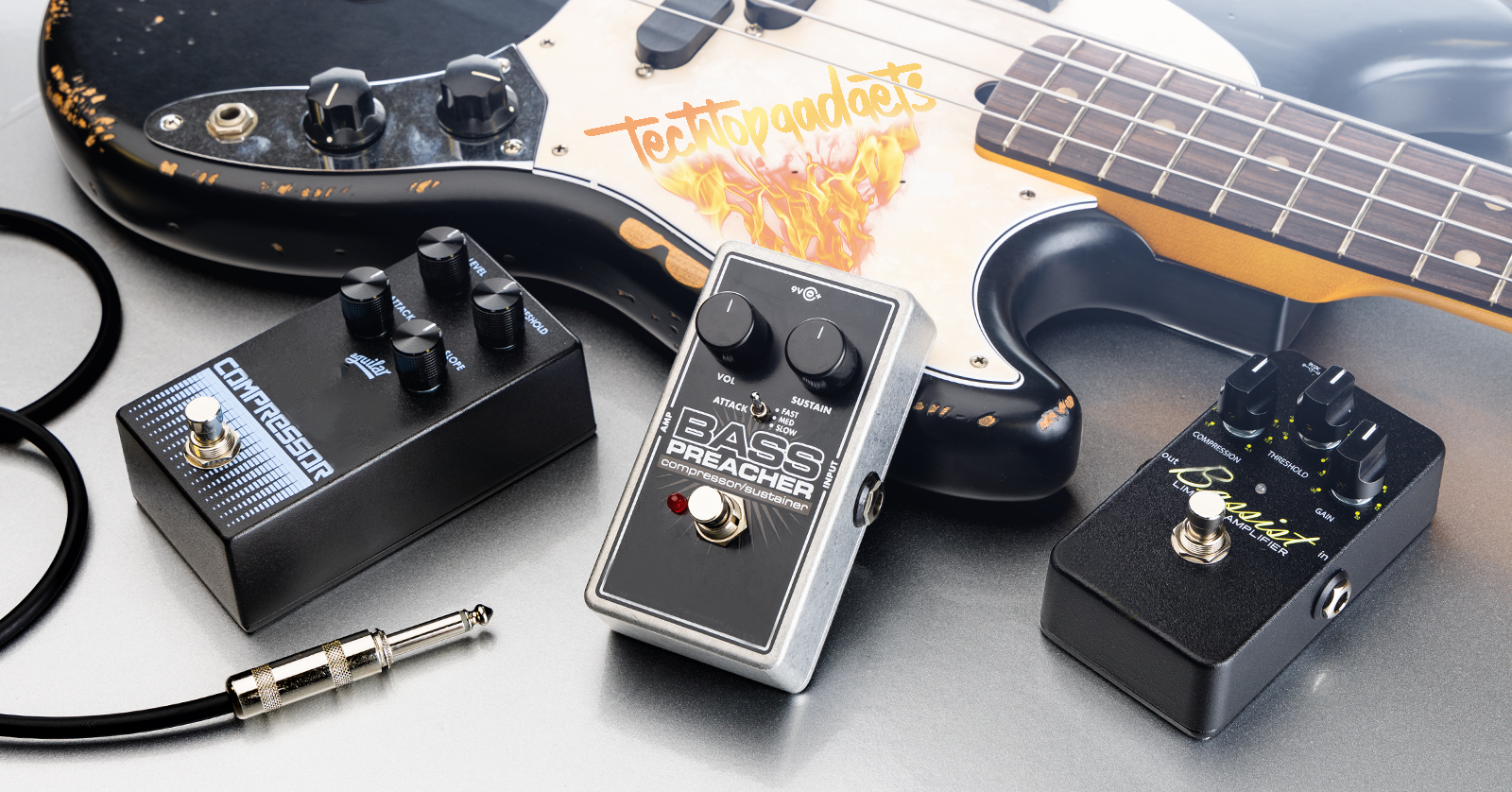 Showcasing a professional bass pedalboard setup with a selection of the best pedal compressors for bass, tailored for the modern bassist's needs.