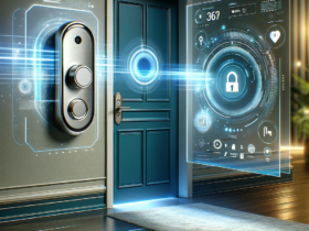 A futuristic depiction of the best Ring compatible smart lock technology integrated into a home setting, showcasing advanced security and connectivity features.