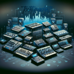 An artistic representation of the best sampler units, featuring a variety of classic and modern samplers in a stylized electronic music studio setting.