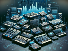 An artistic representation of the best sampler units, featuring a variety of classic and modern samplers in a stylized electronic music studio setting.