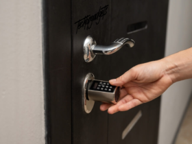 An image showcasing a sleek, modern smart lock on a door, which is enabled with Alexa for convenient, keyless entry and smart home integration.