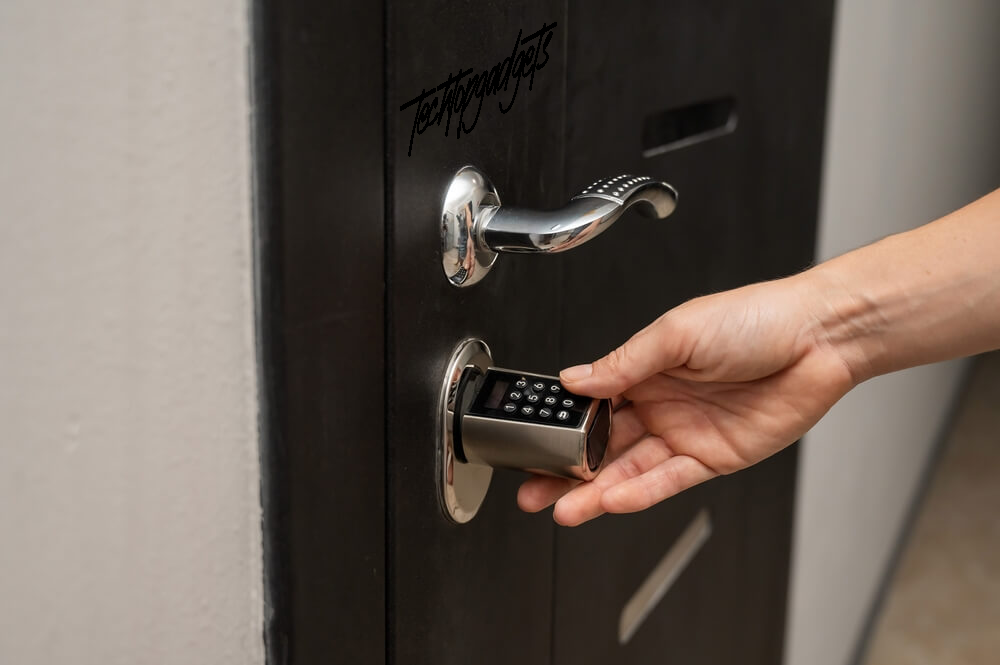 An image showcasing a sleek, modern smart lock on a door, which is enabled with Alexa for convenient, keyless entry and smart home integration.