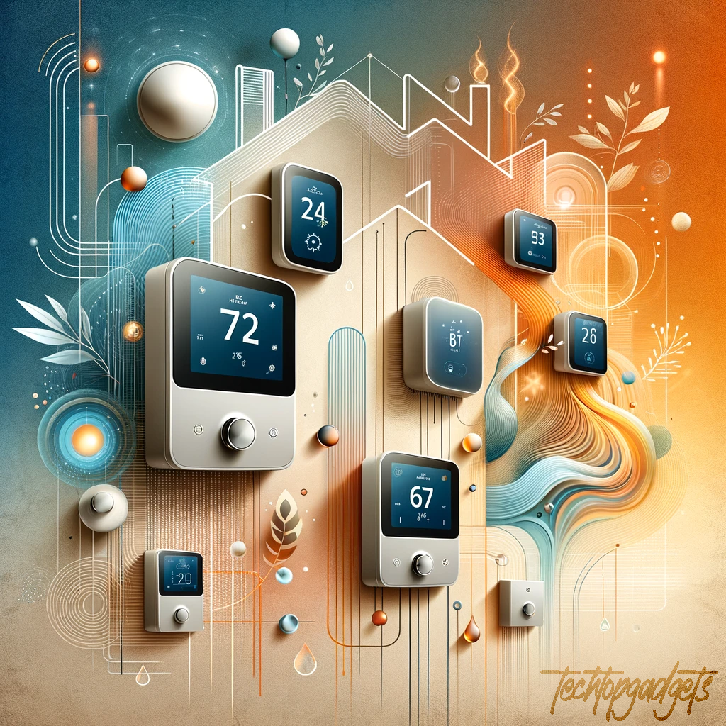 Creative illustration of various thermostats, showcasing options for the best thermostats for heat pumps with a blend of technology and art.