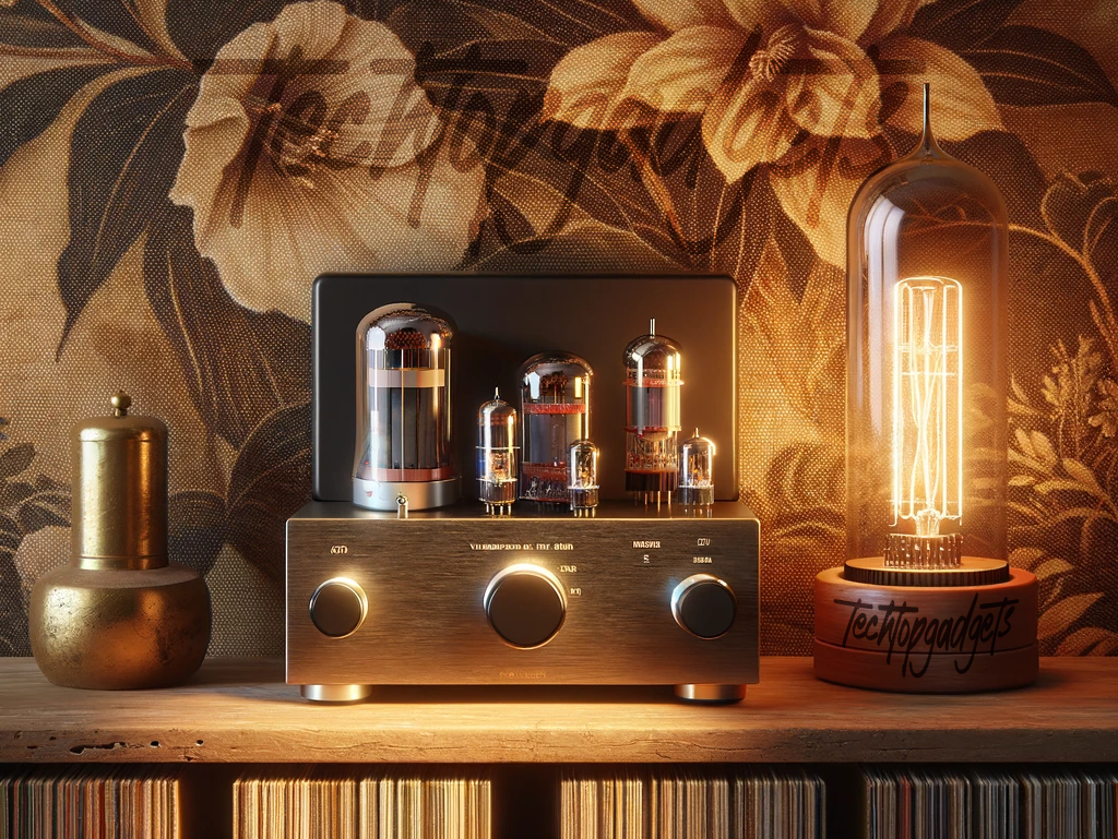 This image captures a beautifully crafted tube phono preamp, set against a backdrop of vintage decor, exemplifying the warm, classic sound that makes it the best tube phono preamp for vinyl lovers.